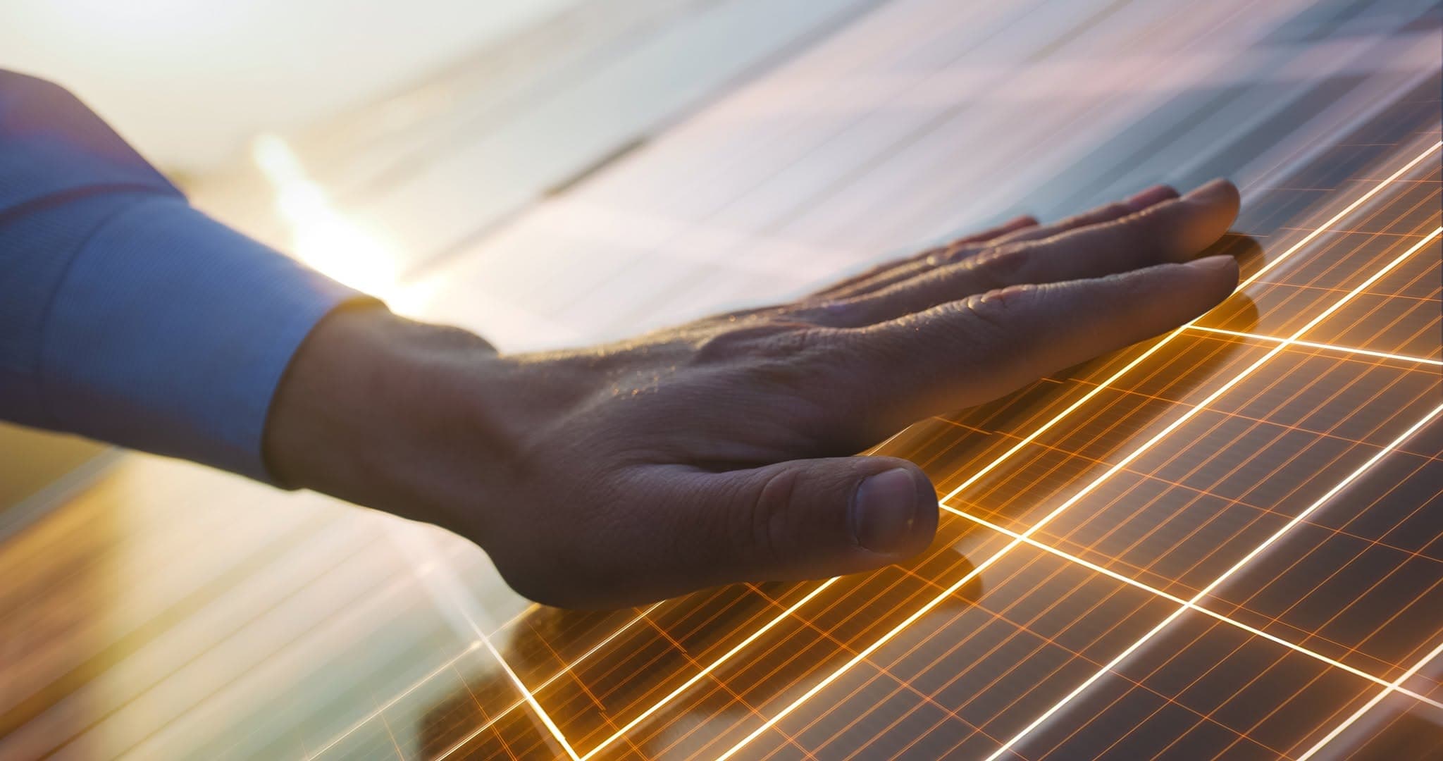 Hand resting on a solar panel at sunset